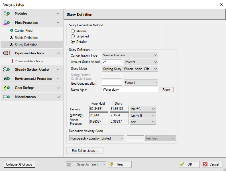 Analysis Setup for Pump Sizing for Sand Transfer System example